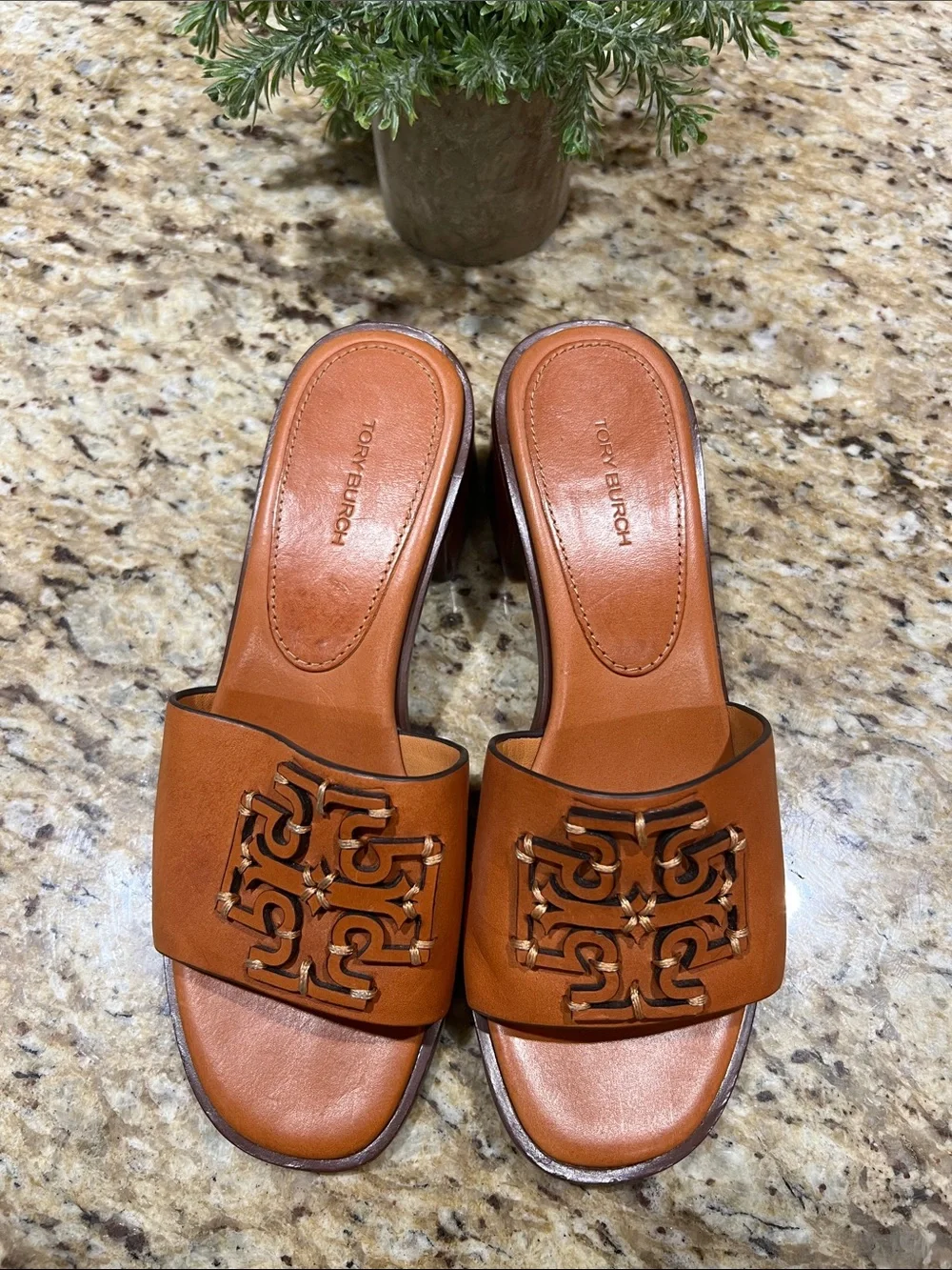 Tory Burch Ines Brown Leather Block Heel Mules 7M
